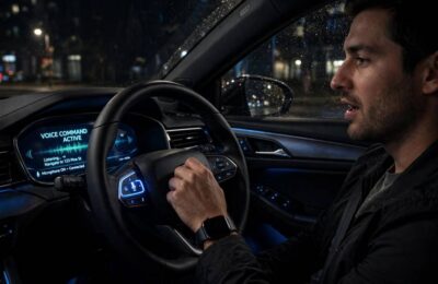 Driver using voice recognition in a car, pressing the steering wheel button to activate voice commands