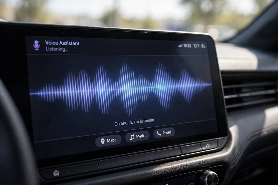Car infotainment screen showing how voice recognition works in cars through a visual waveform display