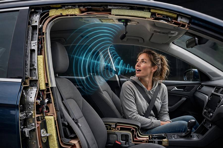 Sound waves traveling to a microphone, illustrating how voice recognition works in cars by capturing cabin audio