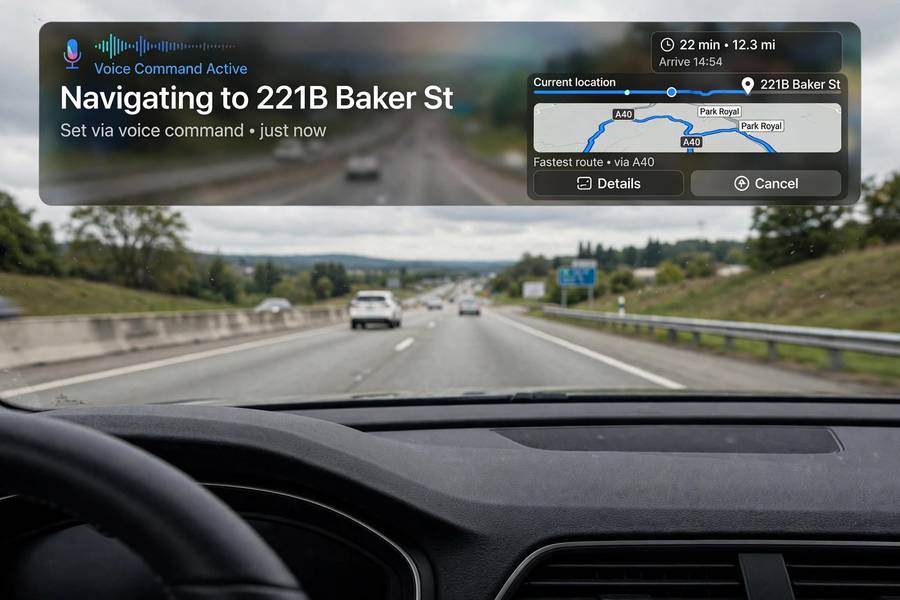 Voice recognition in cars being used to set a navigation route on the highway without touching the screen