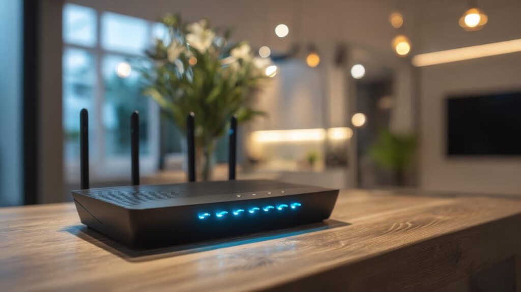 A WiFi router with glowing indicator lights sitting on a wooden table
