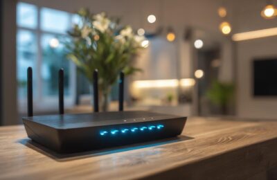A WiFi router with glowing indicator lights sitting on a wooden table