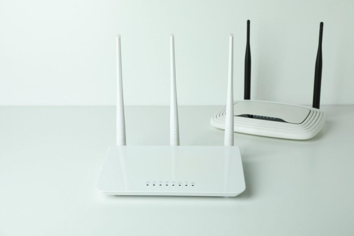 Close-up of WiFi router antennas in sharp focus