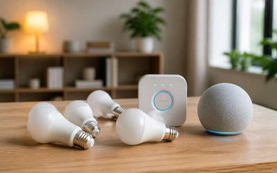 Smart home devices including a smart speaker and connected gadgets arranged on a shelf