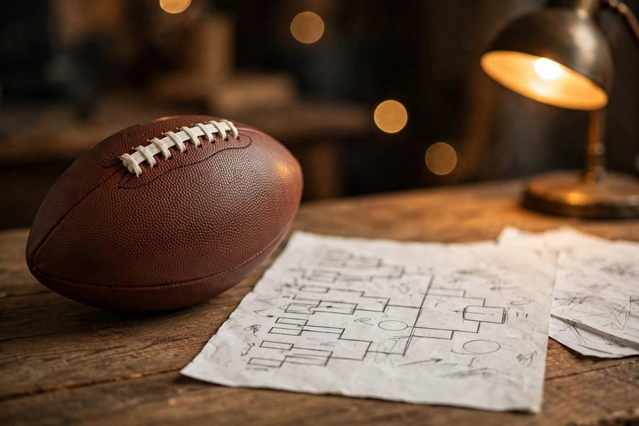 Tournament bracket diagram concept with football on a table beside notes