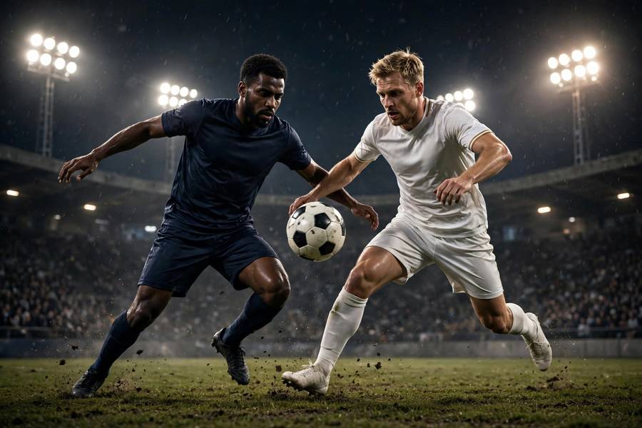 Footballers contesting the ball in a tense knockout match at night