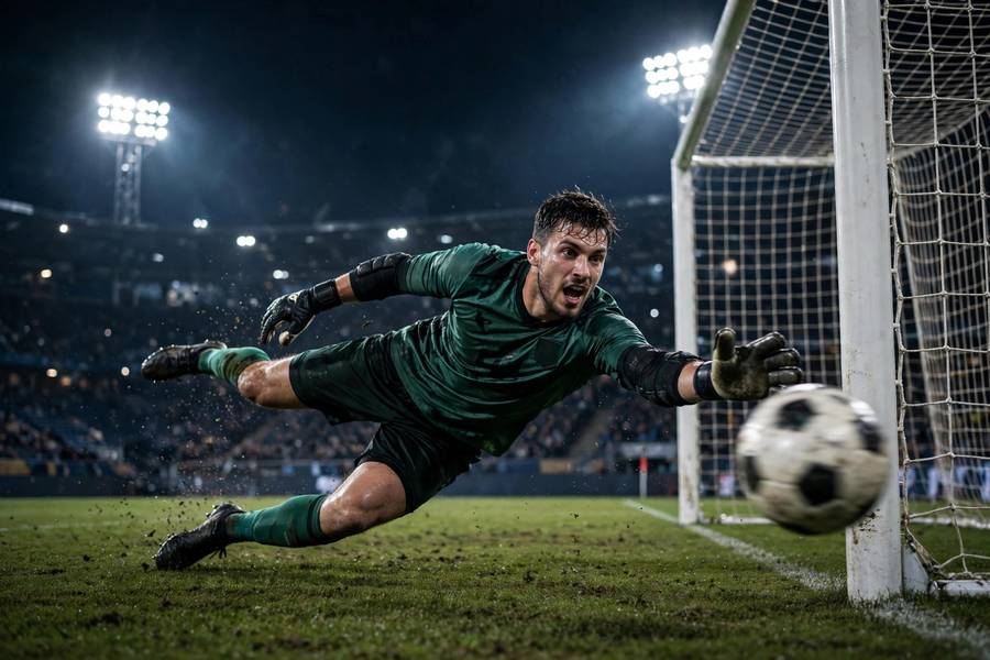Goalkeeper diving to save a shot during a penalty shootout