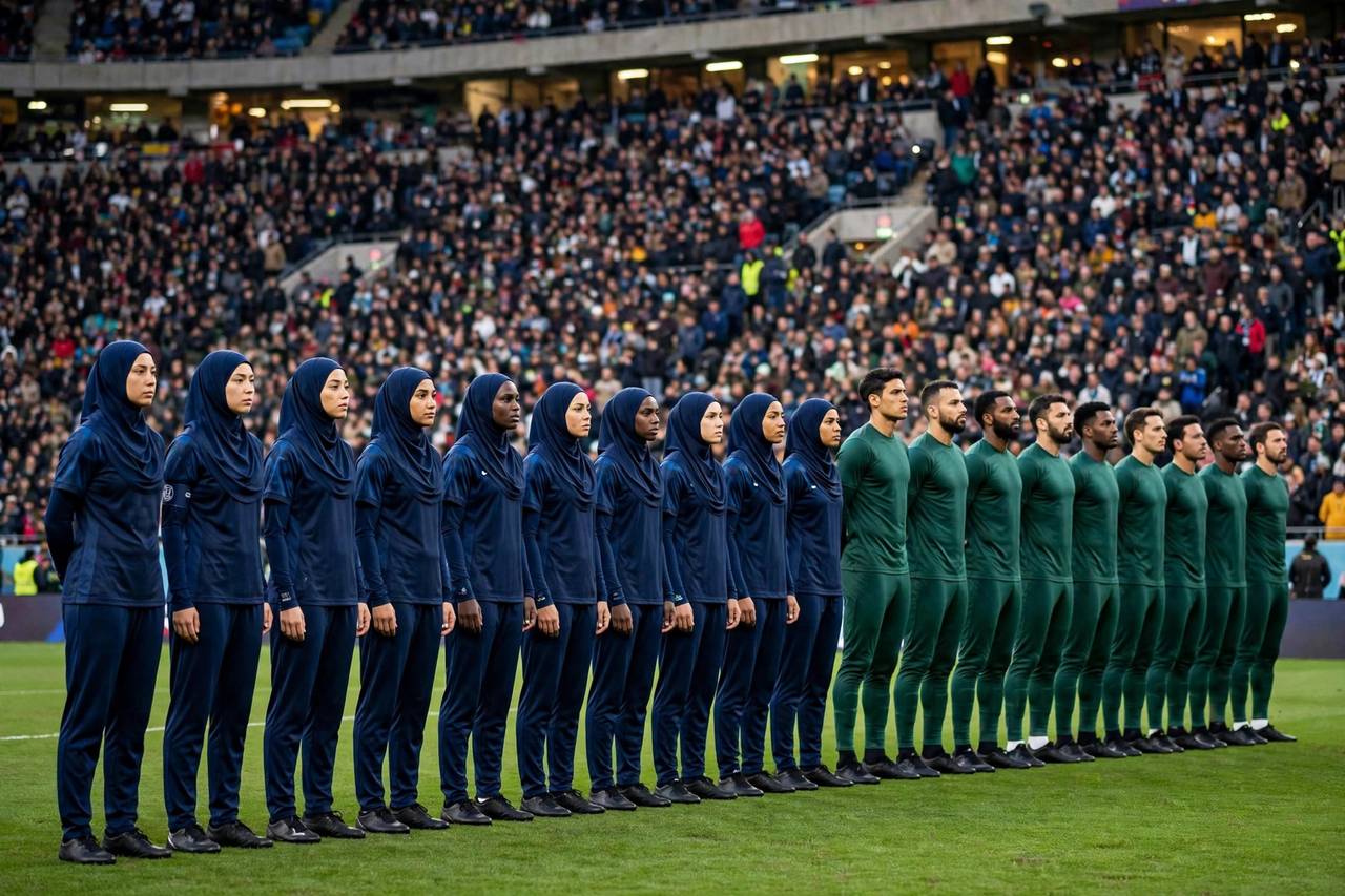 National football teams lining up on the pitch before a World Cup qualifying match at a packed stadium