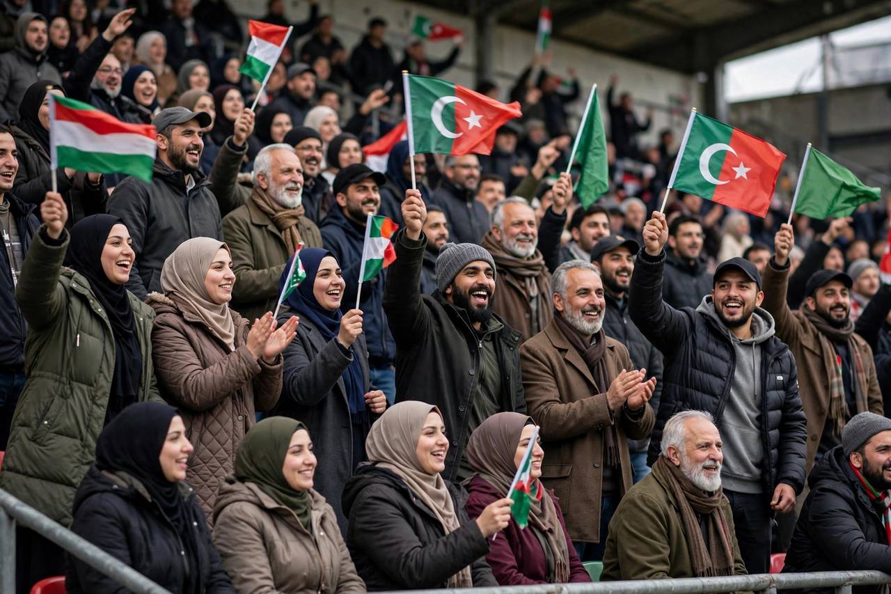 Football fans waving national flags and celebrating in the stands during a qualifier