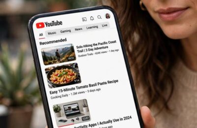 Person scrolling through personalized YouTube video recommendations on a phone