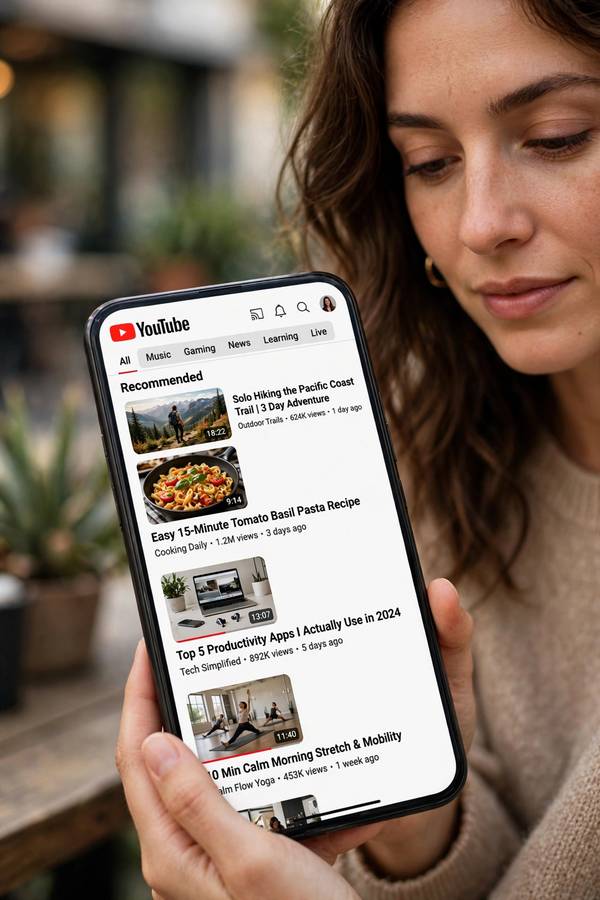Person scrolling through personalized YouTube video recommendations on a phone