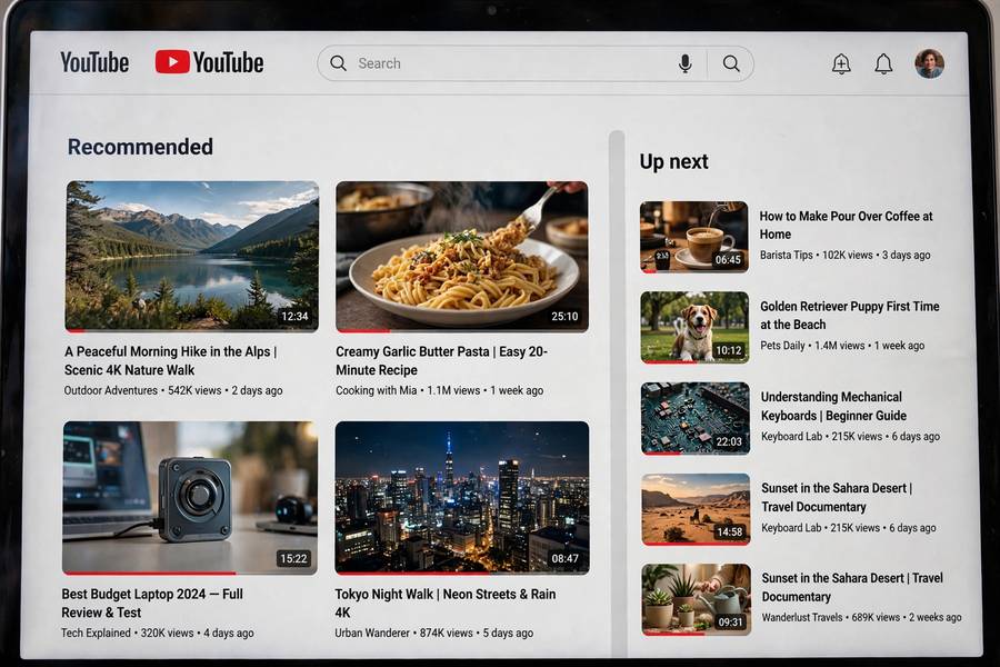 YouTube-style homepage with personalized video recommendations and sidebar