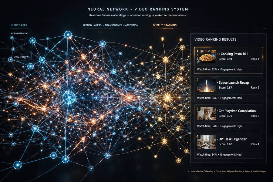Abstract visualization of a neural network ranking videos for recommendation
