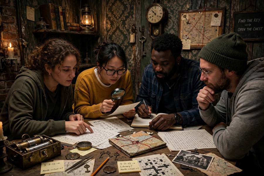Friends solving puzzles together in an escape room