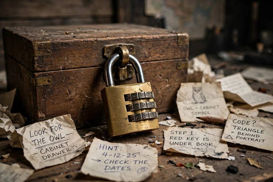Combination padlock puzzle on a locked box in an escape room