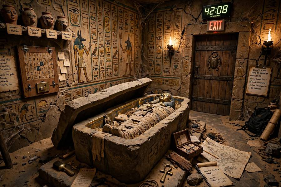 Egyptian tomb themed escape room with hieroglyphics and props