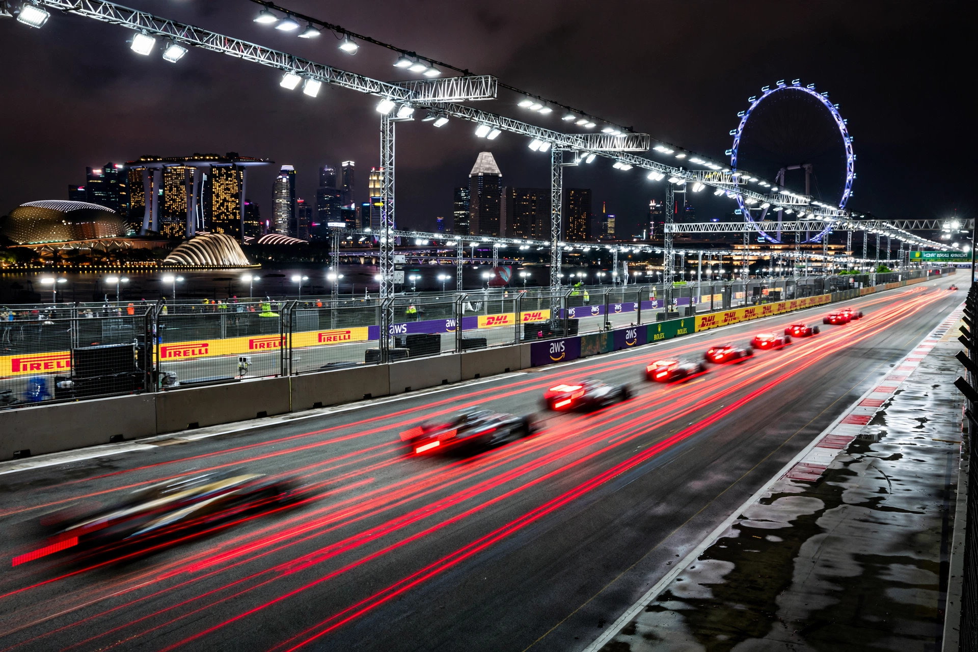 Photorealistic wide landscape of the Marina Bay street circuit at night, Formula 1 race cars with glowing red tail lights streaming under a dense canopy of floodlights, Singapore skyline and the Singapore Flyer behind, rain-free dark sky, no close-up faces