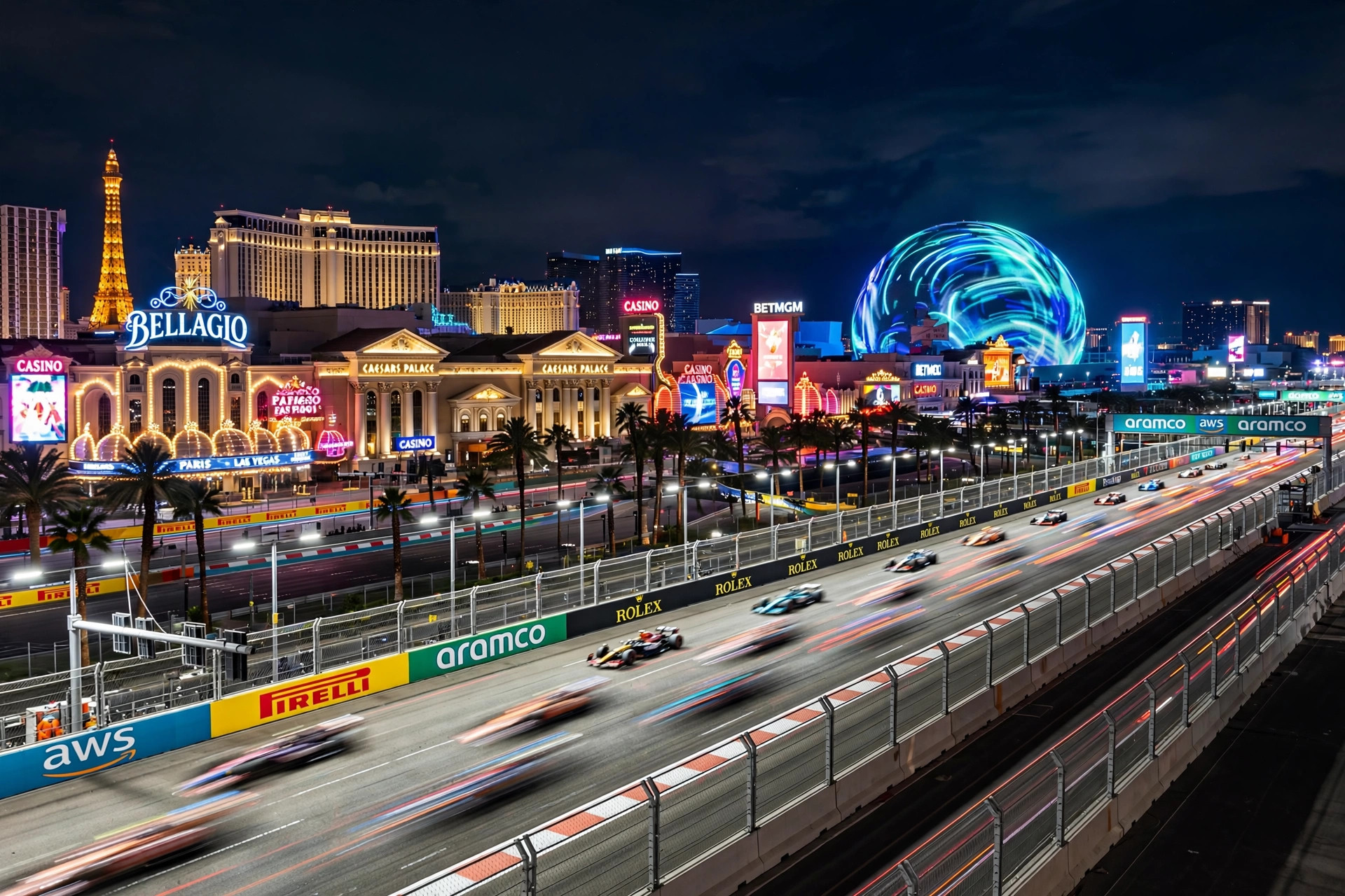 Photorealistic wide landscape of the Las Vegas Strip Circuit at night, neon casino signs and the Sphere glowing in the background, floodlit street circuit with Formula 1 cars streaking past in a blur of light, night sky, no close-up faces