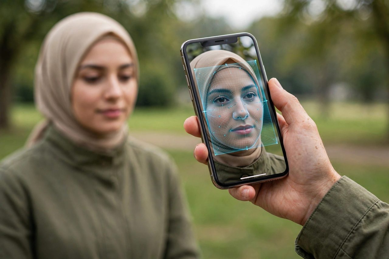 Close-up of a smartphone unlocking with facial recognition scanning a face