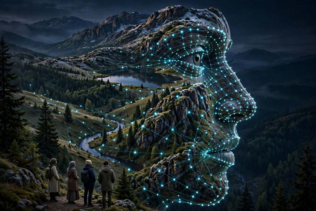 Facial landmark points mapped across a human face by recognition software