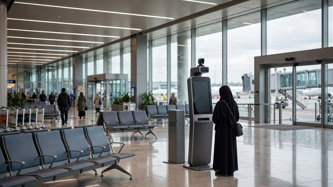 Airport facial recognition gate verifying a traveler's identity at boarding