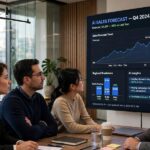 How Is AI Used in Business? 12 Real Applications (Not Hype) Business team reviewing AI-powered forecasts, showing how is AI used in business