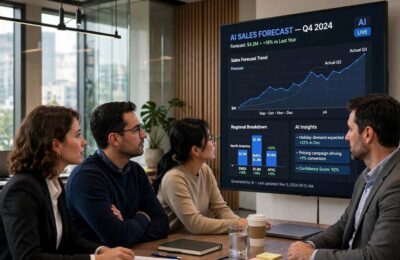 Business team reviewing AI-powered forecasts, showing how is AI used in business