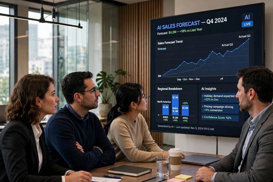 Business team reviewing AI-powered forecasts, showing how is AI used in business