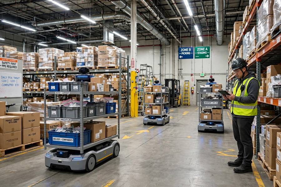Warehouse robots showing how is AI used in business logistics