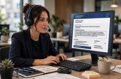 A support agent using AI assistance tools, showing how AI is used in customer service teams