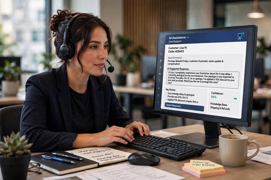A support agent using AI assistance tools, showing how AI is used in customer service teams