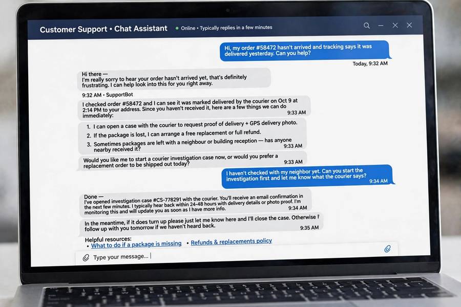 A customer service chatbot conversation, one of the main ways how AI is used in customer service
