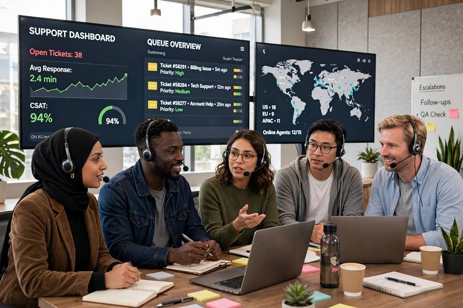 A customer service team working alongside AI tools that show how AI is used in customer service