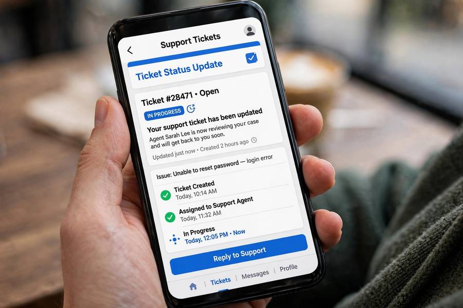 A support ticket update on a phone, part of how AI is used in customer service automation