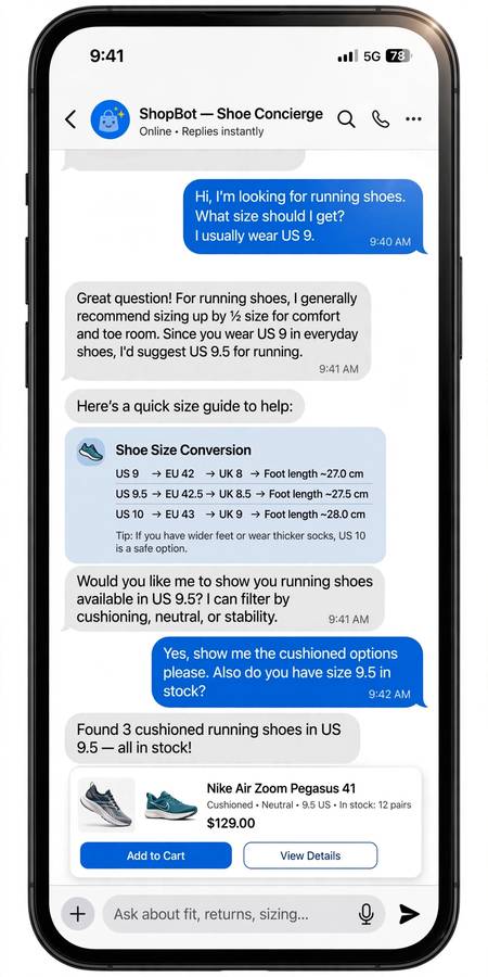 AI shopping chatbot answering size questions, showing how is AI used in ecommerce customer service