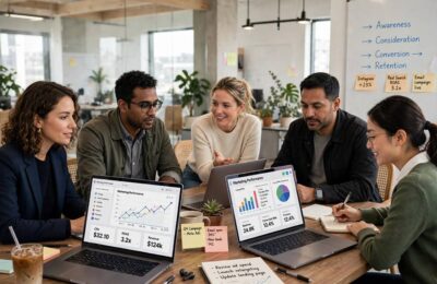 A marketing team reviewing AI powered analytics dashboards, showing how AI is used in marketing
