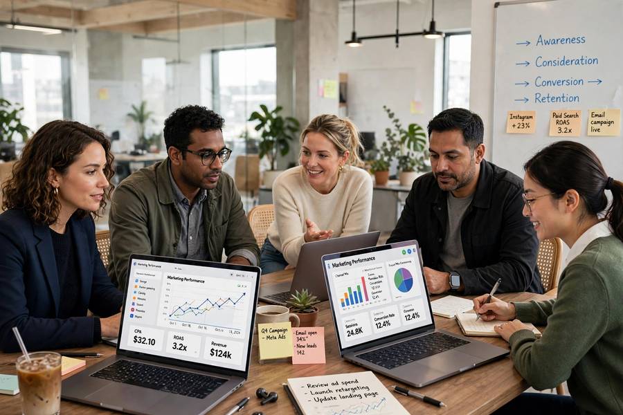 A marketing team reviewing AI powered analytics dashboards, showing how AI is used in marketing