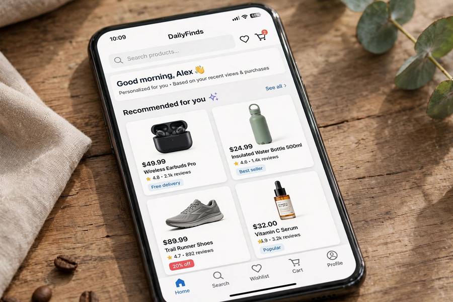 Personalized product recommendations on a phone, an example of how AI is used in marketing personalization