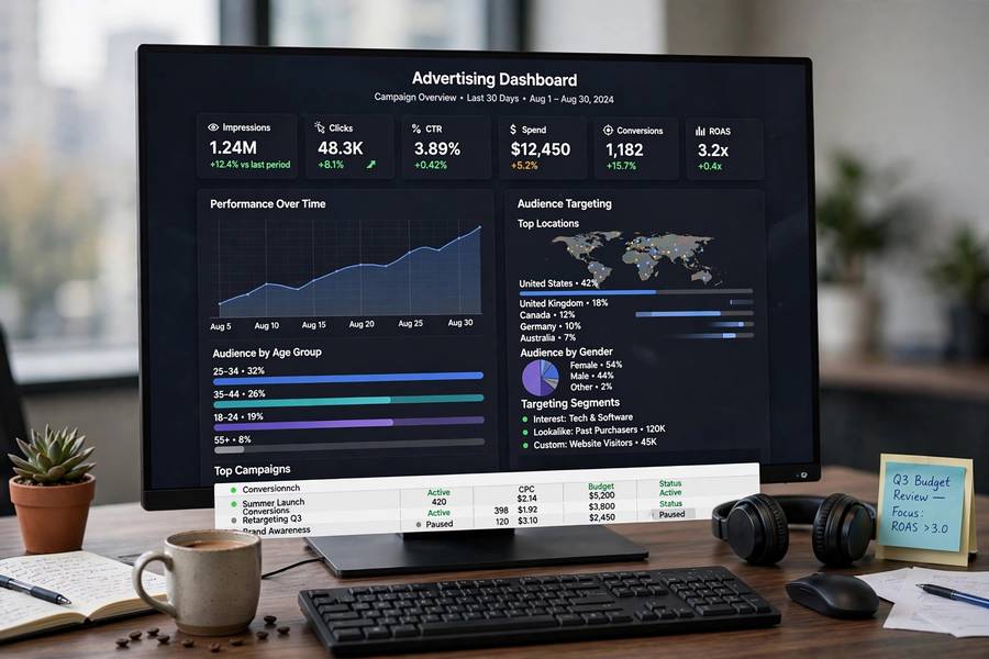 An advertising dashboard with AI audience targeting, illustrating how AI is used in marketing campaigns