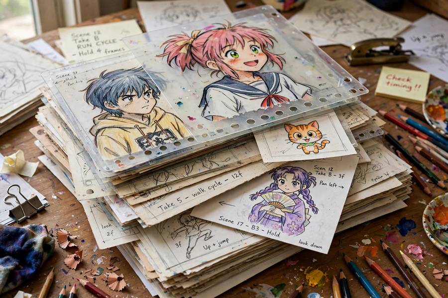Hand-drawn animation frames in how anime is made