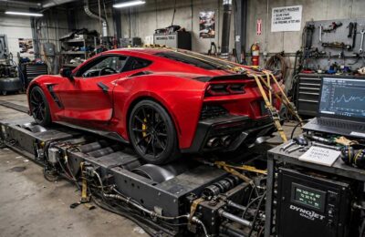 Car on a chassis dynamometer, the main tool for how engine torque is measured with a dynamometer