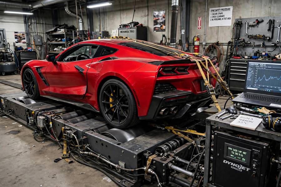 Car on a chassis dynamometer, the main tool for how engine torque is measured with a dynamometer