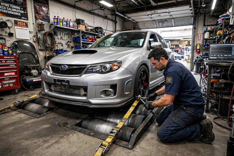 Technician strapping a car to the dynamometer rollers before a torque measurement run