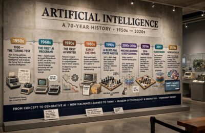 Timeline mural showing how long the AI winter lasted across different decades