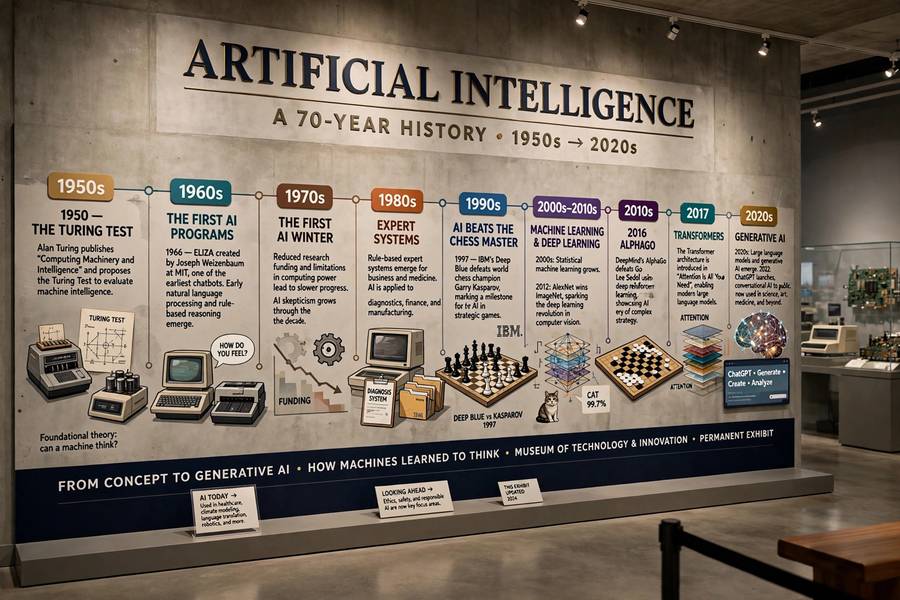 Timeline mural showing how long the AI winter lasted across different decades