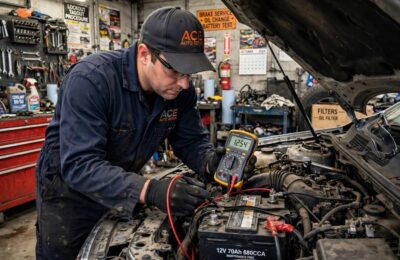 Mechanic testing battery voltage, the first step in knowing how long do car batteries last in your vehicle