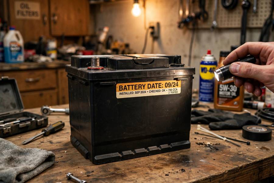 Checking the manufacture date sticker to estimate how long do car batteries last before replacement