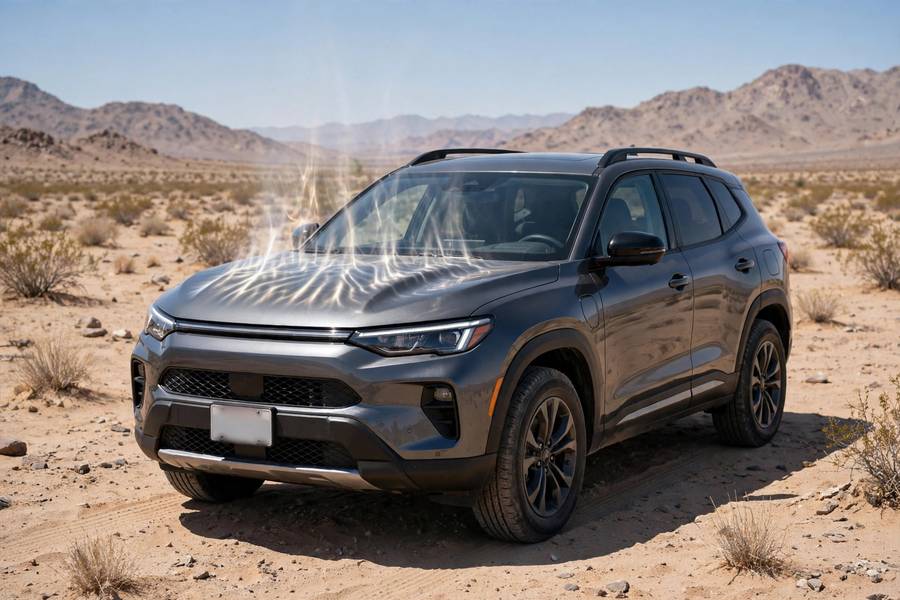 Car baking in desert heat showing how long car batteries last in hot weather