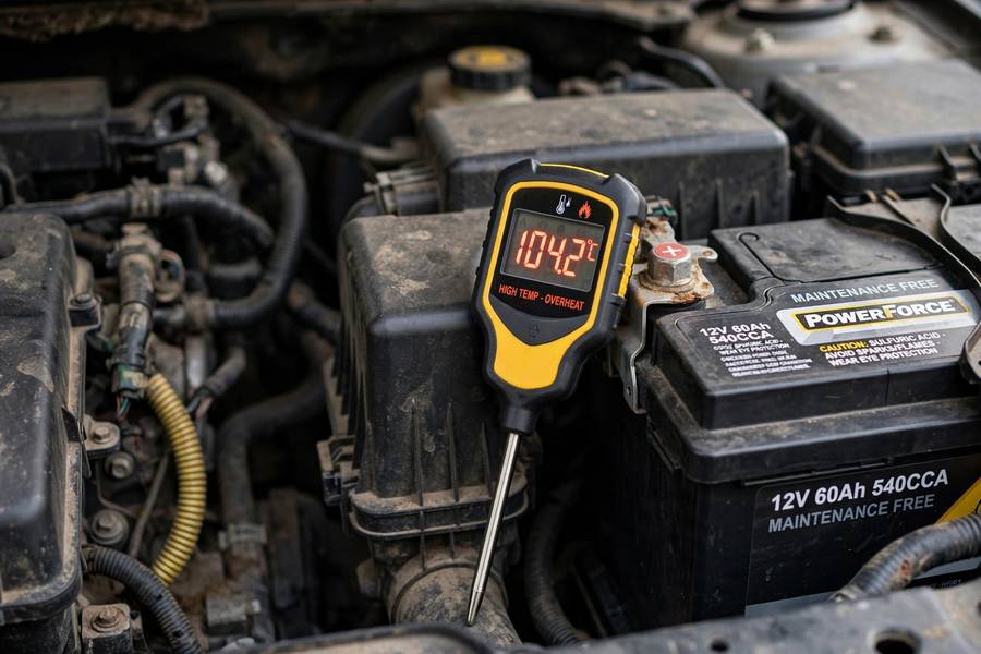 High temperature reading near a car battery in hot weather