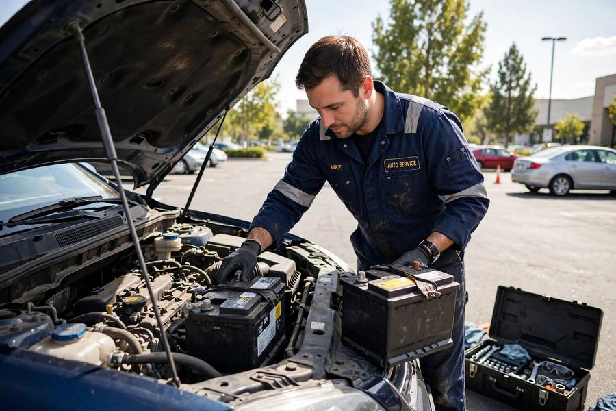 Mechanic replacing a battery that failed in hot weather